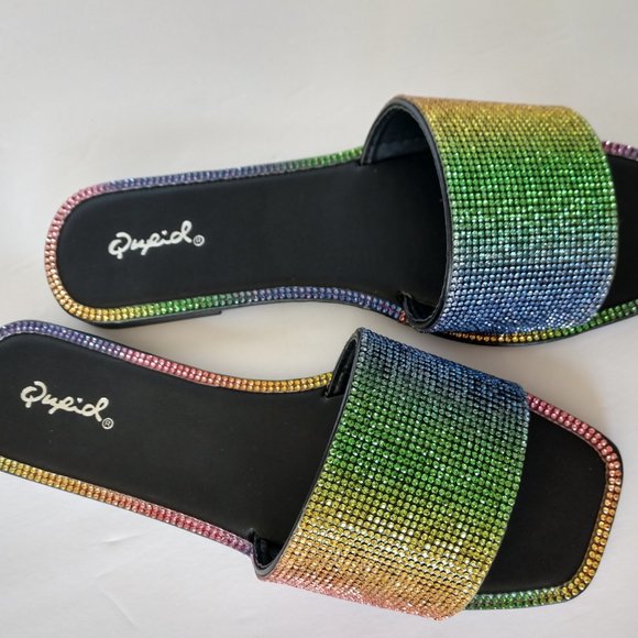 Qupid Rainbow Sandals Rhinestone Slides Various Sizes NIB - Picture 5 of 16